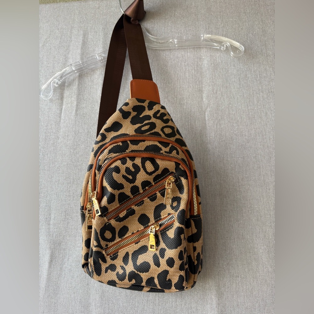 Leopard Print Crossbody Backpack - Tan & Black small sized. 12 x 9